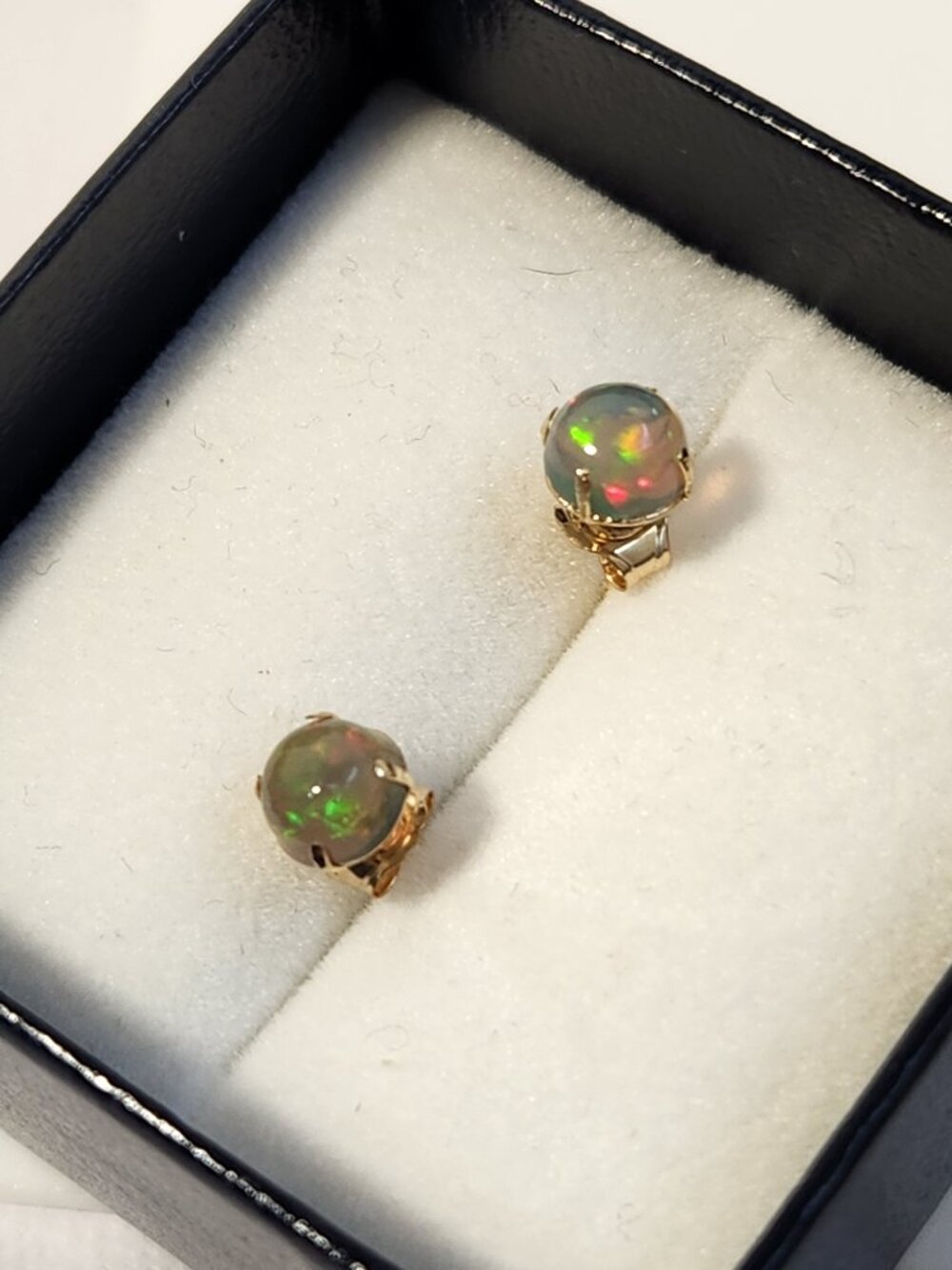 Bella 14K SOLID Yellow Gold 1.18cts Natural Ethiopian Black Forest Opal Earrings - Picture 16 of 17